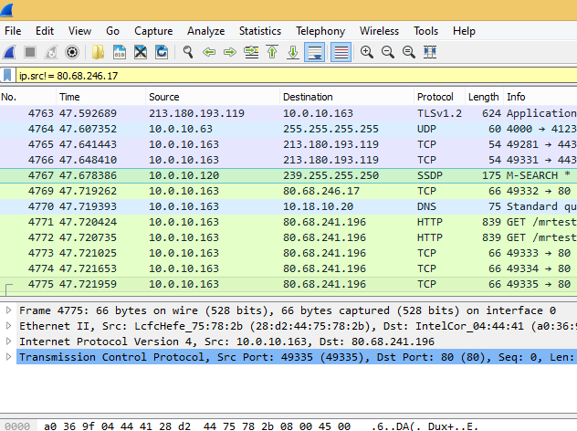 мы хотим увидеть TCP пакеты с флагом SYN (установление соединения между устройствами)