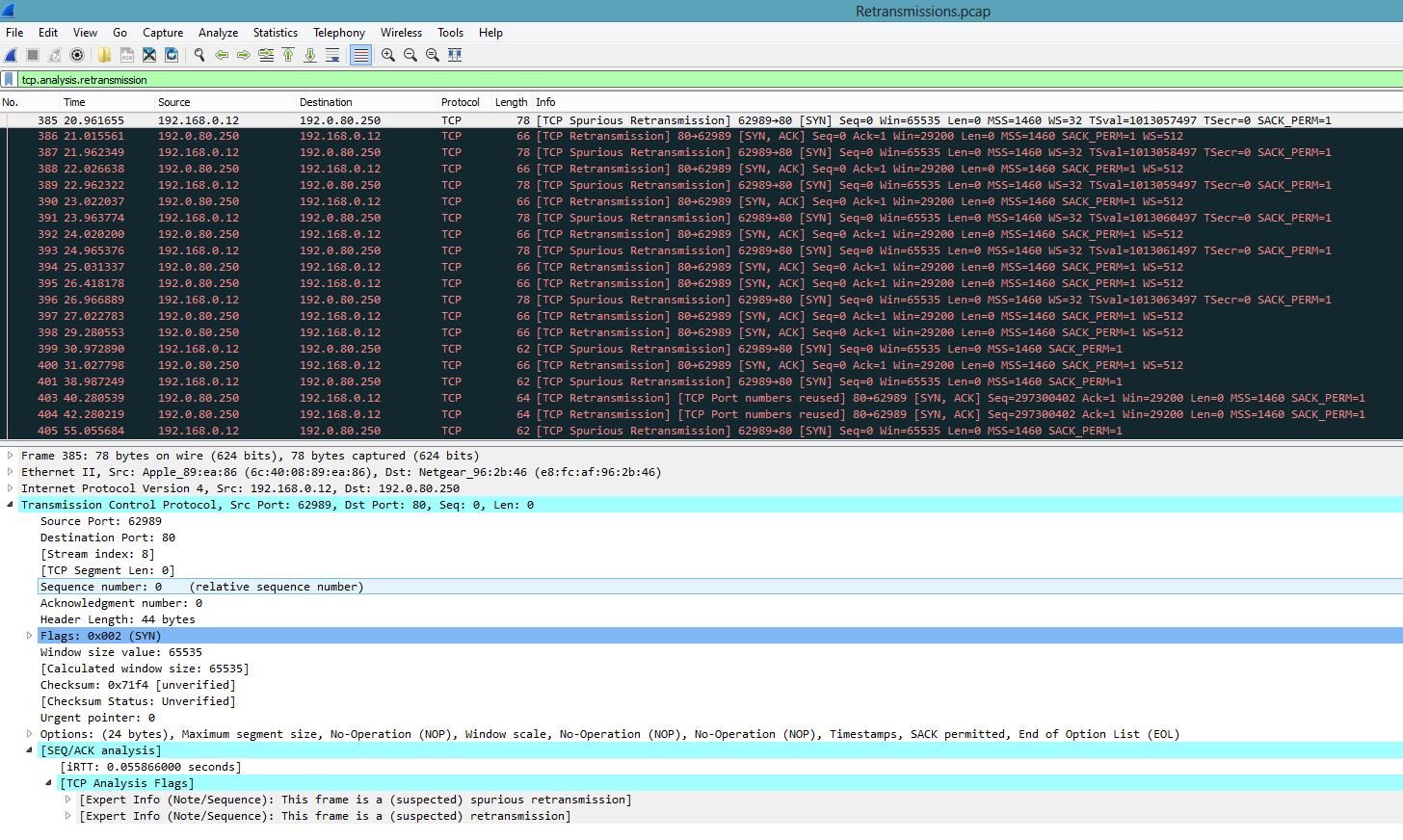 идентификация повторных передач (TCP Retransmissions) с помощью Wireshark