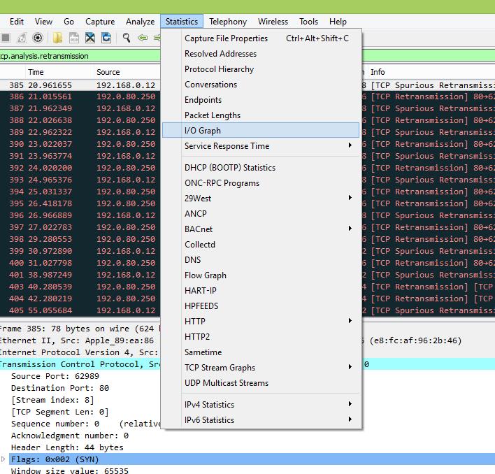 Как выглядит TCP Retransmissions в Wireshark?