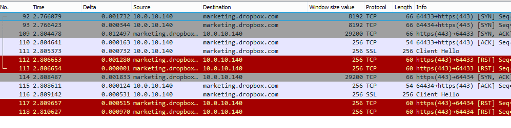 оба раза сервер ответил TCP IP Reset