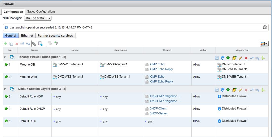 На скриншоте ниже указаны правила, настроенные на NSX Distributed Firewall (DFW)