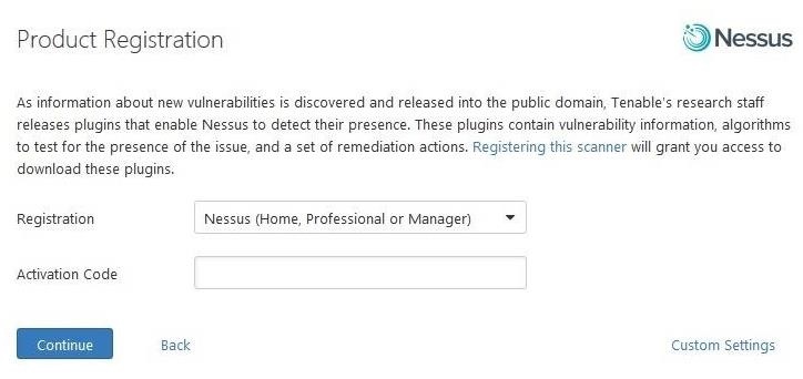 Регистрация Nessus