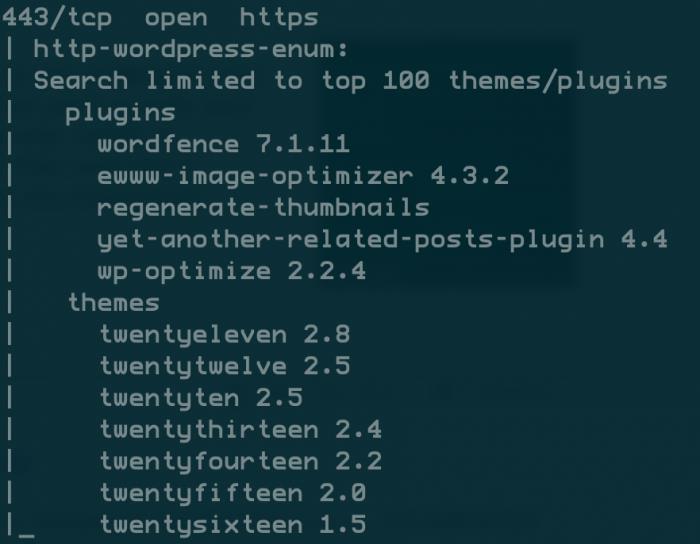 Посмотрите на сайт WordPress и узнайте, какие плагины и темы на нем запущены, с помощью скрипта «http-wordpress-enum»