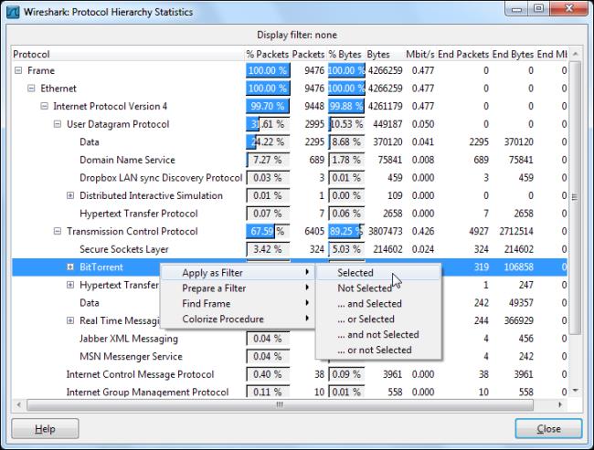 Мы можем выбрать для просмотра только пакеты BitTorrent