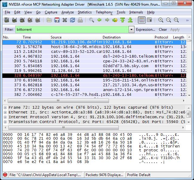 локальный IP-адрес 192.168.1.64 использует BitTorrent
