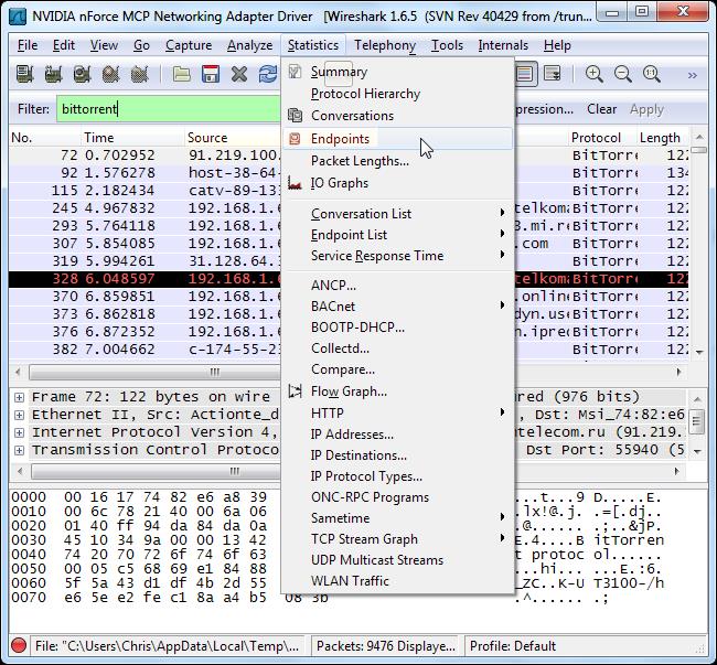 Чтобы увидеть в Wireshark все IP-адреса, использующие BitTorrent