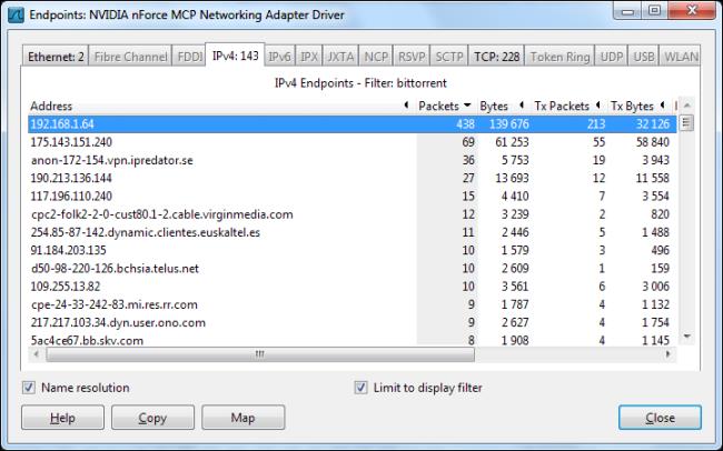 Локальные IP-адреса будут отображаться в верхней части списка Wireshark