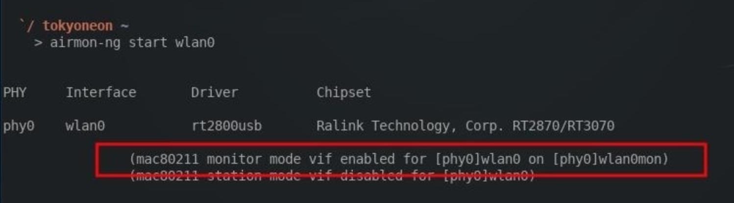 Демонстрация запуска команды airmon-ng start wlan0 для включения режима мониторинга на беспроводном адаптере с помощью утилиты Airodump-ng