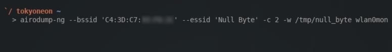 Пример ввода команды из утилиты Airodump-ng для старта сбора данных, относящихся к целевому Wi-Fi-роутеру Null Byte