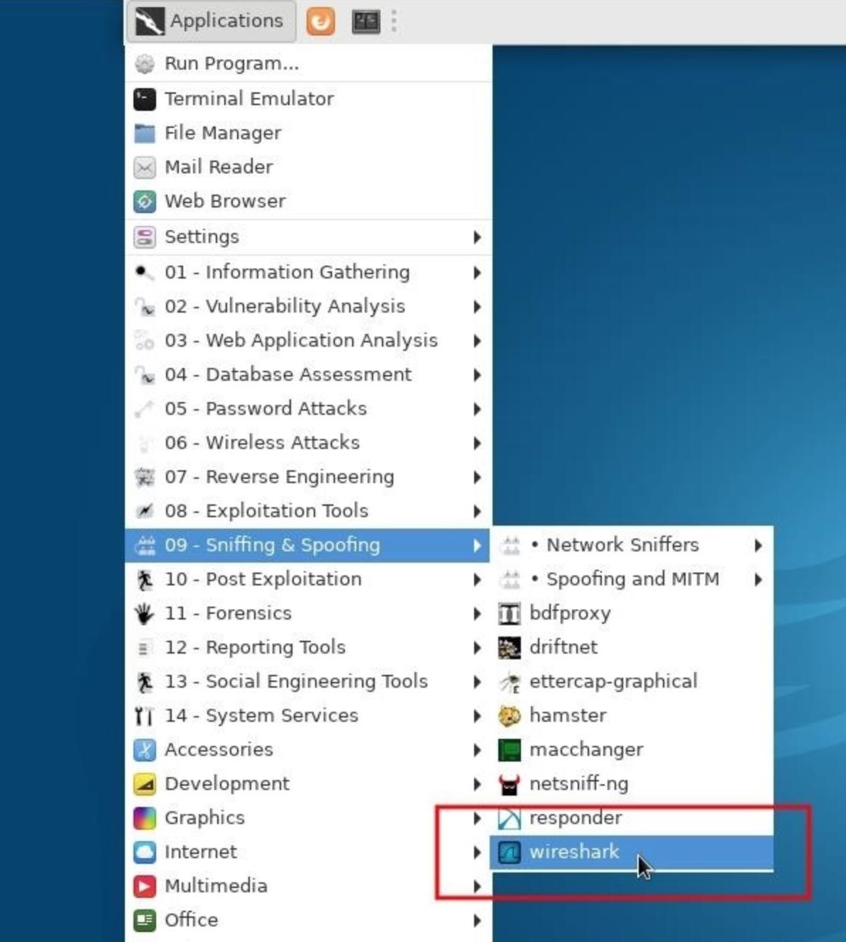 Запуск инструментария Wireshark в Kali Linux