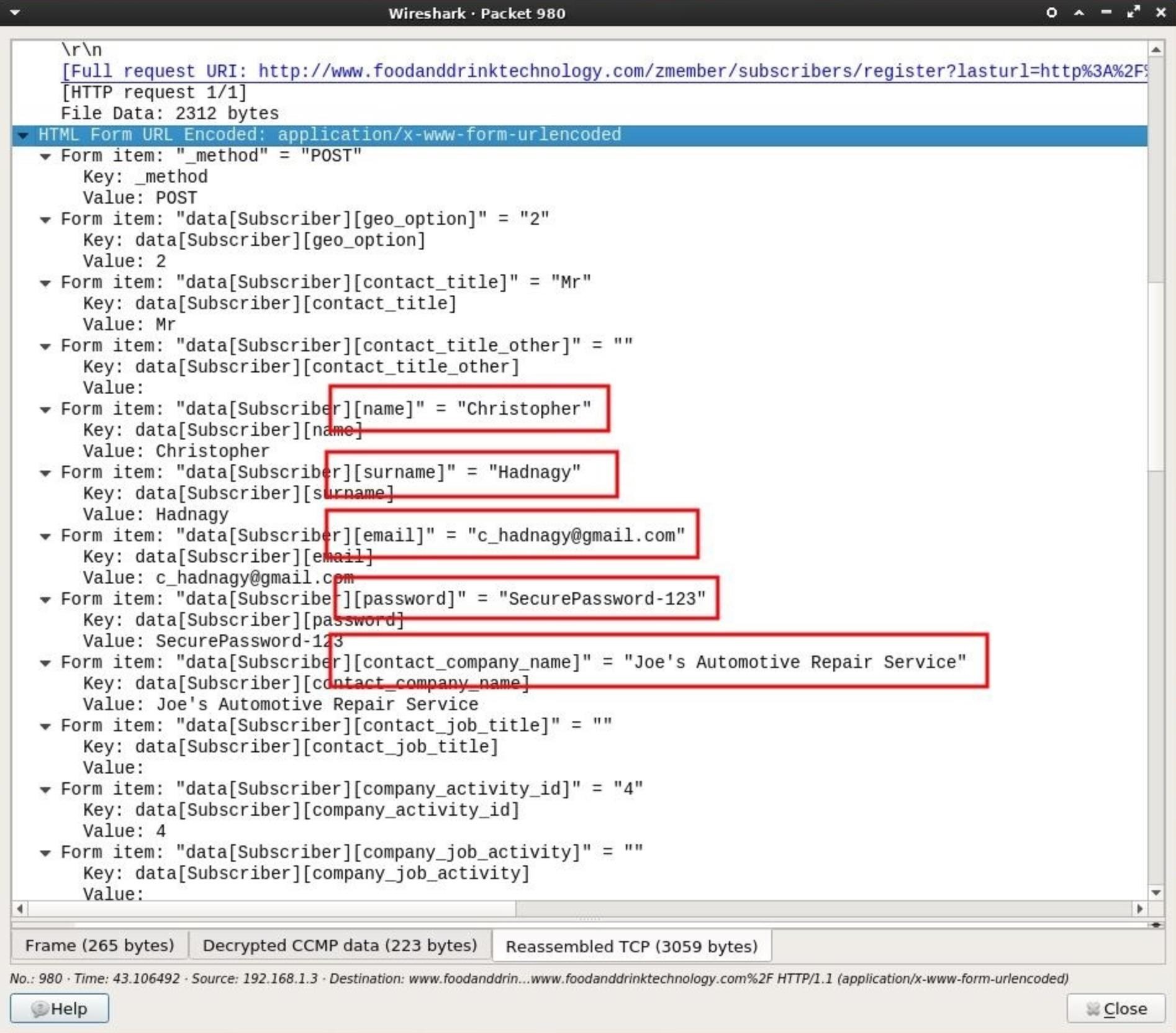 Личная и конфиденциальная информация, найденная сниффером Wireshark при использовании фильтра отображения данных, содержащих POST-запросы