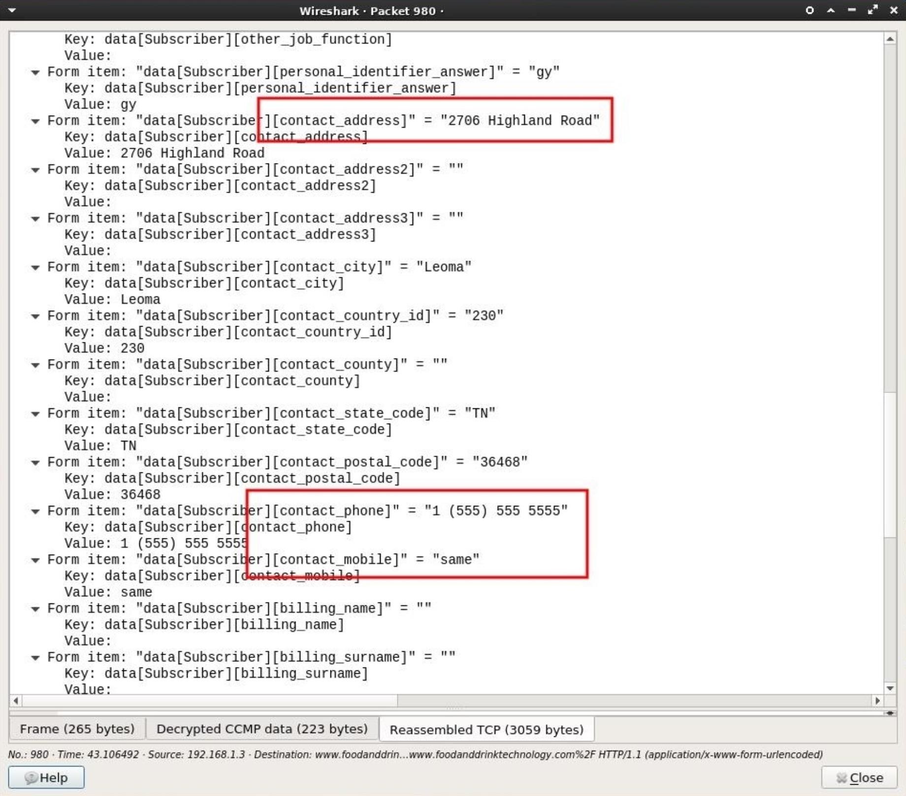 Личная информация, найденная Wireshark при использовании фильтра отображения данных, содержащих POST-запросы