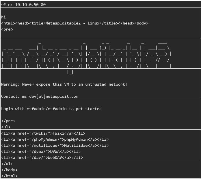 Собранная информация в результате выполнения команды сканера TCP-портов утилиты netcat для подключения к порту 80, на котором работает веб-сервер