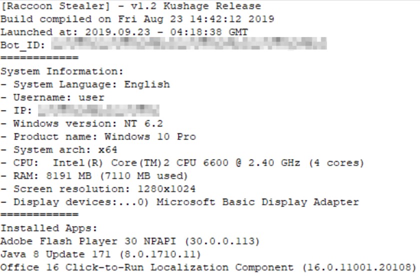 Собранная и сохраненная стилером Raccoon информация о целевой машине жертвы