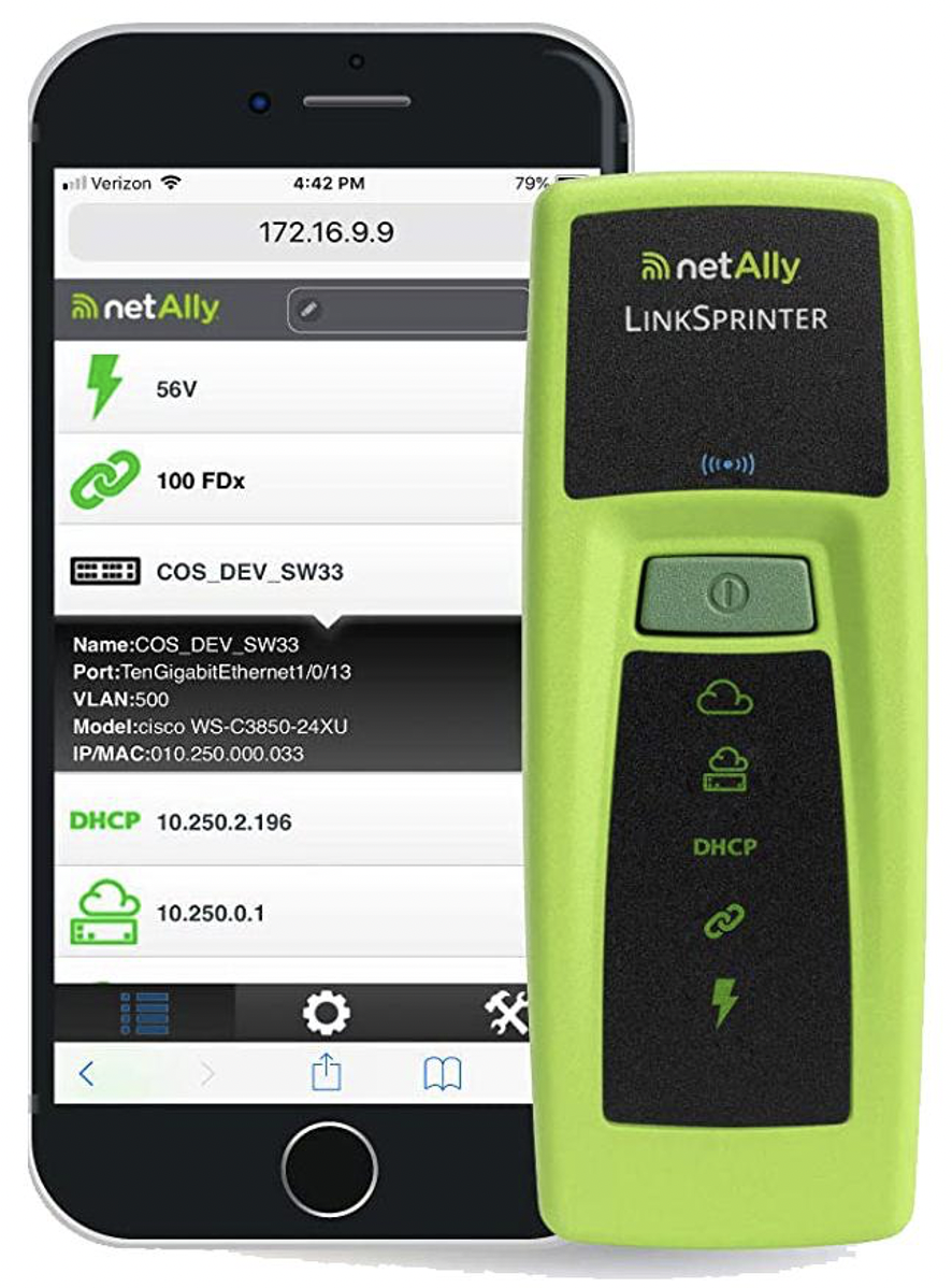Рис. 6. PoE-детектор типа NetAlly LinkSprinter 300 (ранее Fluke Networks) и пример вывода его показаний на экран смартфона