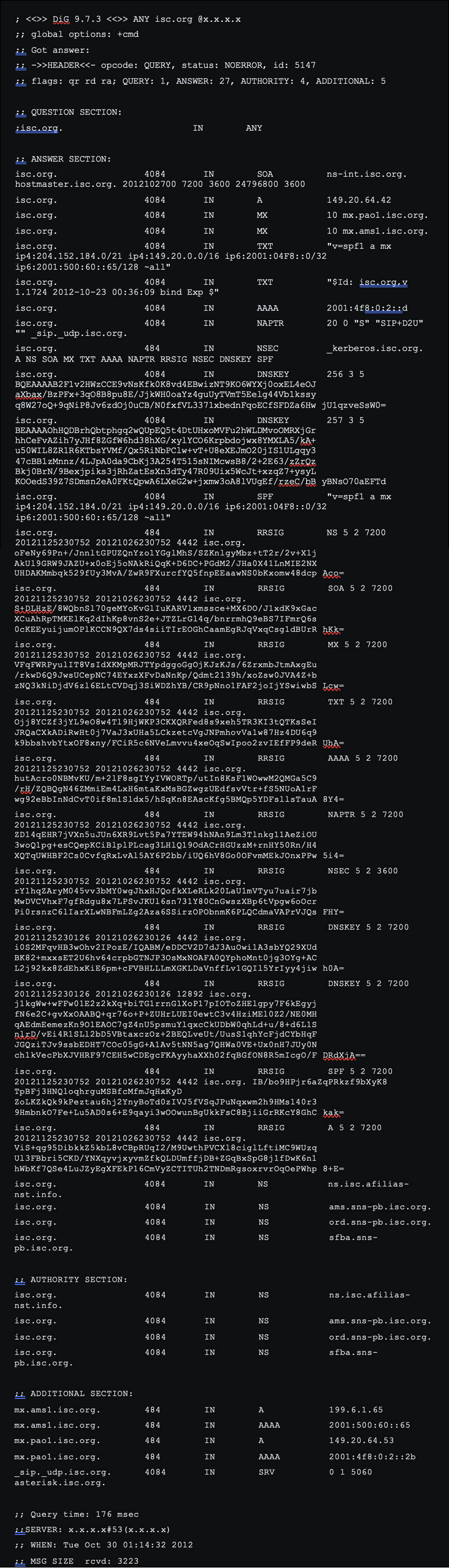 Пример «гигантского» ответа, отправку которого на IP-адрес предполагаемой жертвы могут добиться злоумышленники при реализации DDoS-атаки с DNS-усилением.